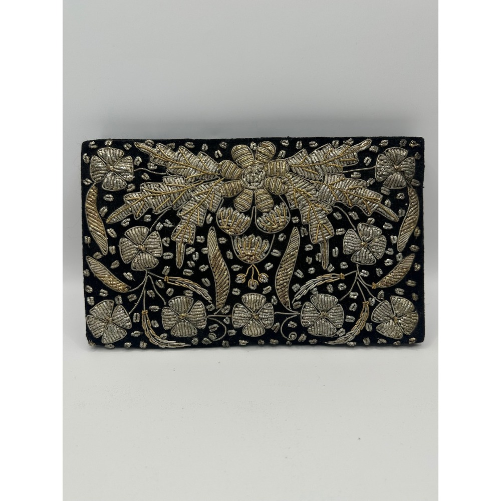 Vintage 1950s Black Velvet Zardosi Embroidered Clutch Bag India